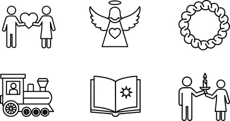 Collection of minimalist linear icons featuring romantic couple with heart, angel silhouette, floral wreath, steam train engine, open book, and candlelight. © Natasha Laura 