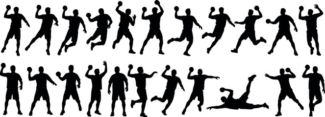 Collection of professional handball player silhouettes in action showing shooting jumping passing throwing and diverse athletic poses for sports graphic design © Natasha Laura 