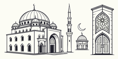 Intricate architectural drawing of a mosque with minarets and domes Vector © zon