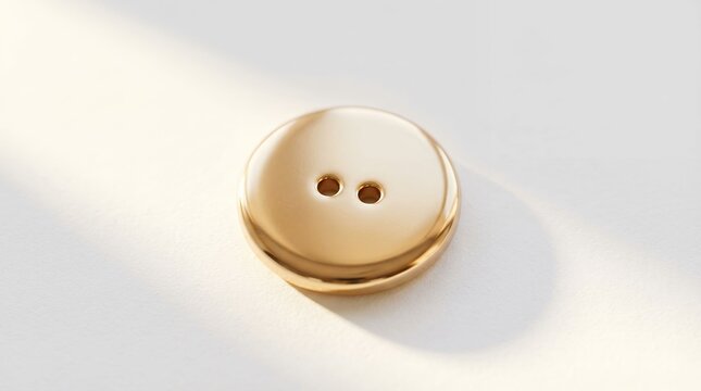 Elegant gold button with two holes on a white surface casting soft shadows