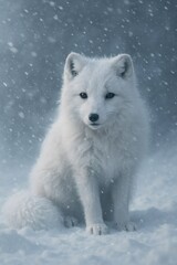 Fototapeta premium Arctic fox looking directly at viewer, sitting on snow during a winter snowstorm, showing wildlife survival and adaptation