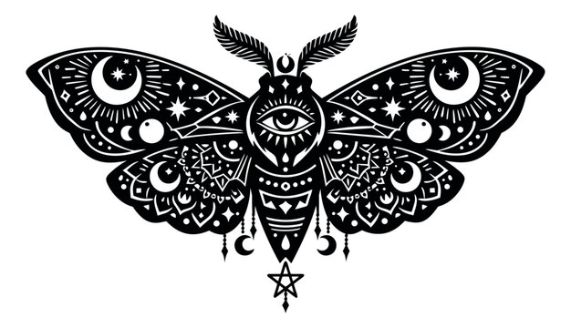 Mystical line art illustration of a moth depicting an all-seeing eye and crescent moons for esoteric themes