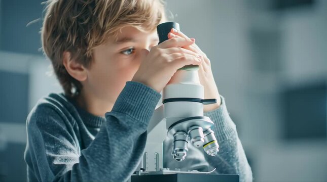 A young student carefully examines a leaf under a microscope for scientific discovery