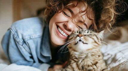 Young woman smiling broadly, eyes closed in happiness, embracing a contented tabby cat. Showing human animal bond and affection