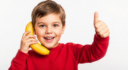 Child pretending to talk on banana smiling isolated on white background symbolizing imagination and creativity