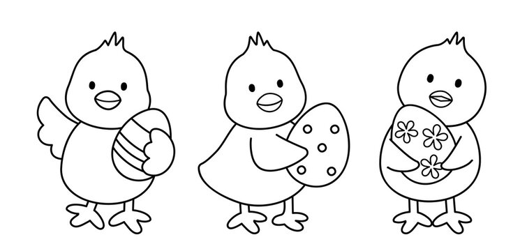 Cute Easter Chicks Holding Eggs Outline Set.
Easter Chick Coloring Pages and Printable Templates.
Adorable Spring Chicks with Eggs Line Art Collection.