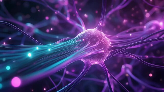 Abstract glowing neuron cell with firing synapses and electrical impulses representing brain activity and neural networks