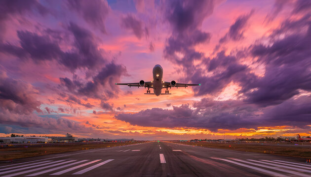 Airplane takes off into a colorful sunset sky, showcasing a blend of clouds and vibrant colors over the busy airport runway