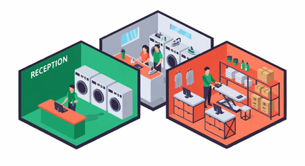 Naklejka premium Laundry Service Process Illustration with Reception and Staff.