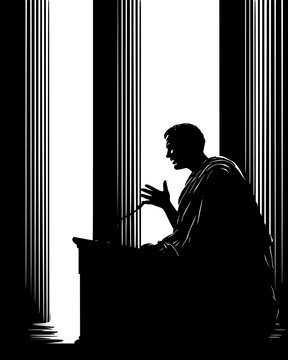 Roman senator in a toga speaking in a marble-pillared forum, vector illustration art