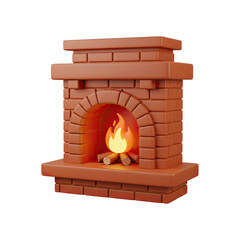 Fototapeta premium Brick fireplace with glowing fire and logs, cozy warm home interior element