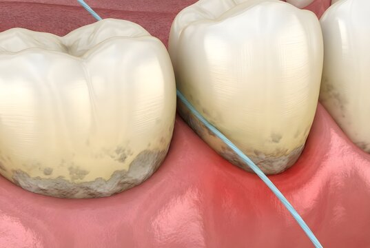 歯科研究における歯間清掃と歯周病予防を表現した科学的描写