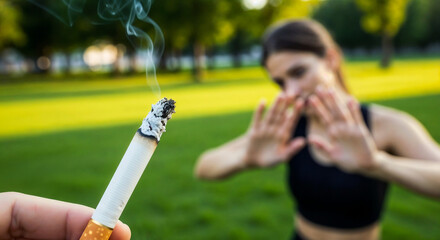 Girl refusing cigarette with hand gesture symbolizing healthy lifestyle and anti smoking awareness