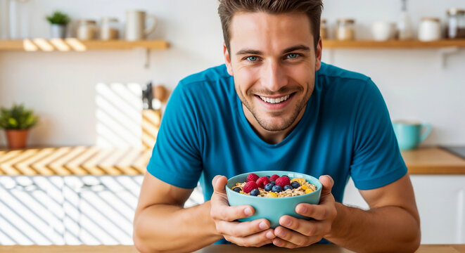 Young man smiling with bowl of muesli in kitchen symbolizing healthy breakfast and balanced lifestyle