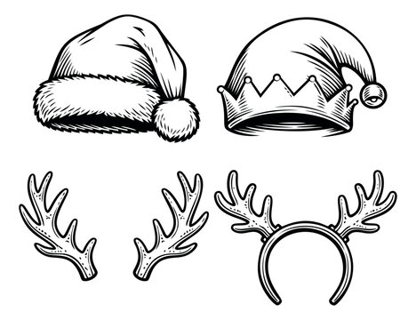 Line art Christmas elements set featuring a Santa hat, an elf hat, separate antlers, and a reindeer headband for festive designs