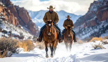 Two cowboys riding brown horses through snowy terrain