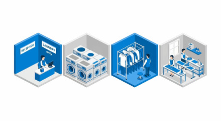 Isometric 3D illustrations of industrial processes and machinery in blue and white.