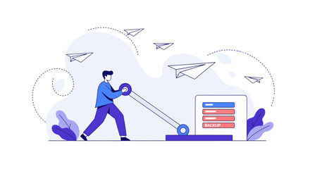 Fototapeta premium Digital data backup and online file transfer illustration with flying paper planes