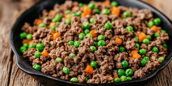 Skillet cooking ground beef with garden peas and carrot cubes, preparing a warm healthy home meal