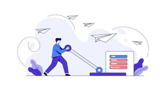 Digital data backup and online file transfer illustration with flying paper planes