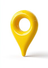 Glossy yellow pin icon with a circular hole, casting a soft shadow on a white surface
