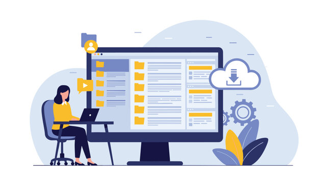 Woman at desk using laptop next to giant computer monitor showing files folders and cloud download icon.