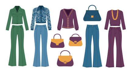 Retro fashion illustration featuring 1970s style clothing and accessories.
