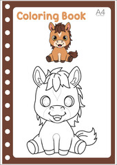 Line and coloring cute horse vector illustration for coloring book.