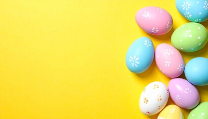 Fototapeta premium Decorated Easter Eggs: Pastel Cluster on Vibrant Yellow Background