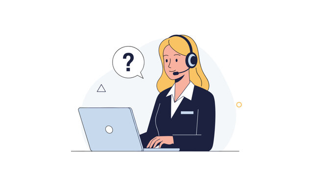 Customer support representative wearing a headset and working on a laptop with a question mark bubble icon for assistance.