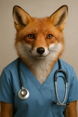 Fototapeta premium Fox portrait presenting healthcare concept, wearing blue uniform with a stethoscope, symbolizing trust and animal care