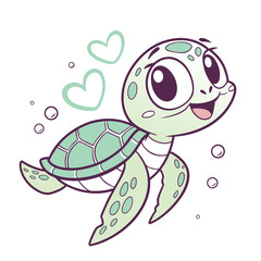 Vector cute cartoon character of a green turtle with green hearts and bubbles 