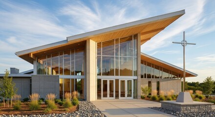 A modern church building stands prominently against a bright blue sky with wispy clouds. 