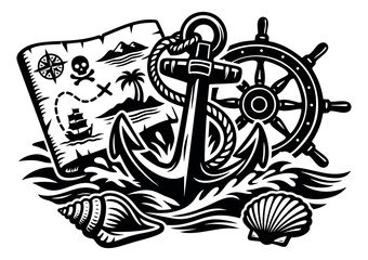 Line art nautical elements set featuring a treasure map, anchor, ship's wheel, and seashells for sea adventure design