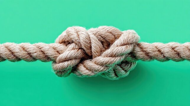 Close-up of a knotted rope against a vibrant green background