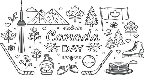 Naklejka premium Canada Day Doodle Illustration with Maple Leaf, Canadian Flag, Hockey Sticks, CN Tower, Mountains and Traditional Symbols Vector Design