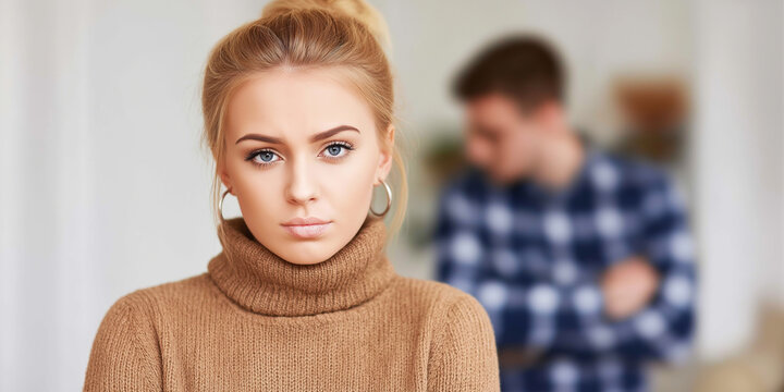 Woman standing in foreground, looking at camera with sad expression. Man blurred in background, turning away after a quarrel