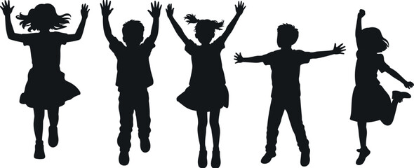 Group of happy children silhouettes jumping and playing together with arms raised in joy, celebrating childhood freedom and friendship on a white background © MSTMAFRUJA