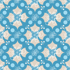 Seamless blue floral geometric pattern featuring stylized flowers and circular shapes. Ideal for textiles, wallpaper, packaging, home decor, and modern surface design projects.