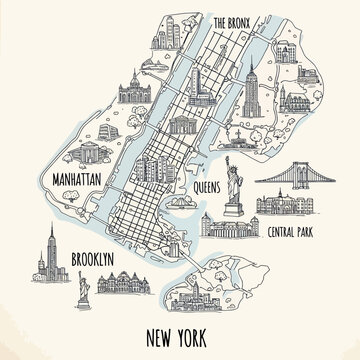 New York City illustrated map with landmarks, boroughs and skyline sketches