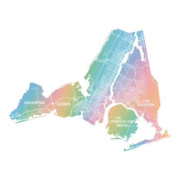 Colorful Map of New York City Boroughs - Manhattan, Brooklyn, Queens, Bronx, Staten Island