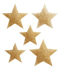Obraz premium Five golden glittering stars of varying sizes, arranged against a white backdrop