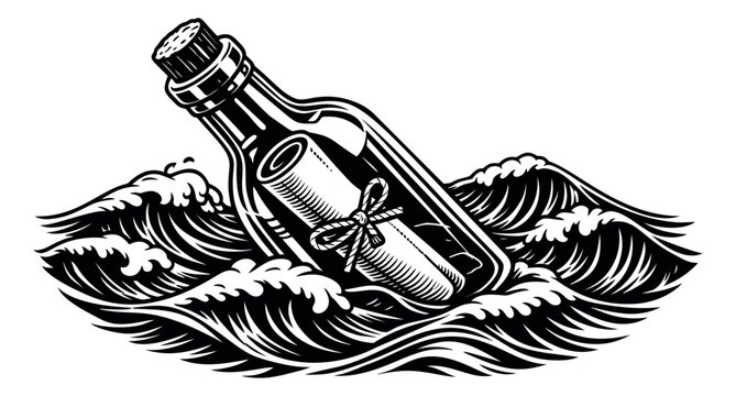 Vintage hand drawn illustration of a message in a bottle depicting it floating on ocean waves for adventure and communication themes