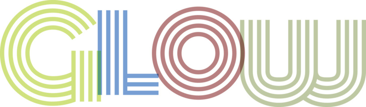 Retro word glow formed with multi-colored concentric and parallel lines on transparent checkered background