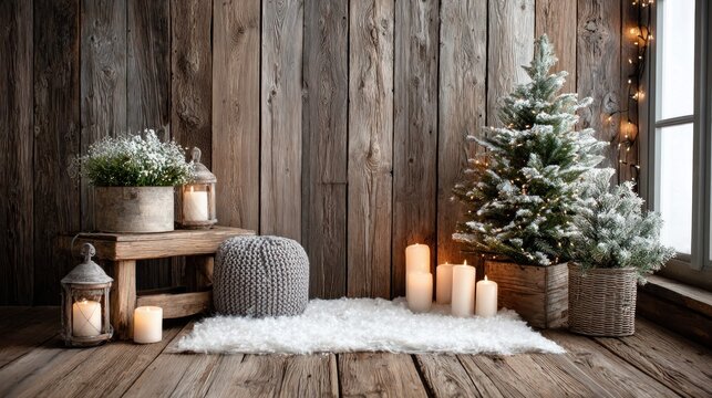 Cozy Christmas scene with a decorated tree, candles, and rustic wooden backdrop