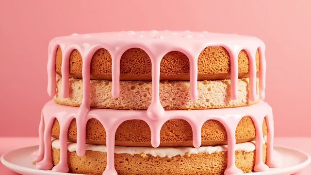 Macro 3D animation of a layered sponge cake with thick glossy pink icing slowly melting and dripping downward in real time on a soft pastel pink background