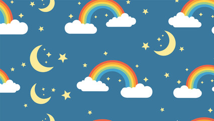 Obraz premium Playful seamless pattern design featuring colorful rainbows, fluffy white clouds, yellow crescent moons, and stars.