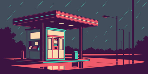 A futuristic gas station stands alone under a stormy, neon-lit sky. Vector © RABBY