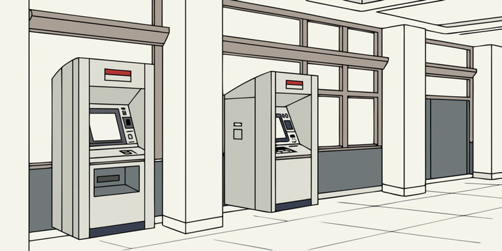Three modern automated teller machines in a row at a bank. Vector