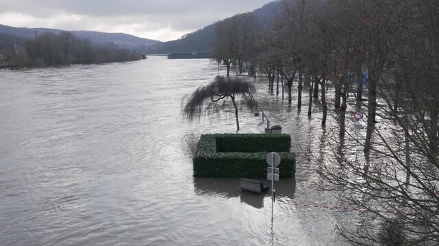 Moselle river flood water overflow over banks natural disaster Luxembourg area
